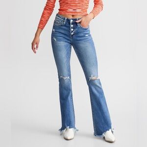 VERVET By Flying Monkey High Rise Button Fly Distressed Stretchy Flare Jeans